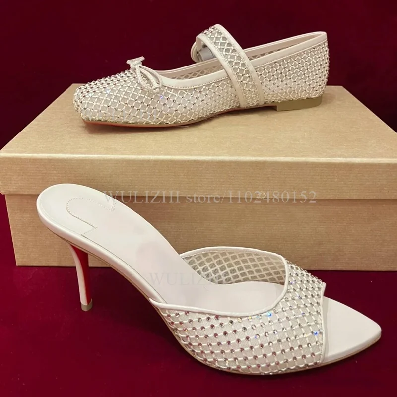 جلد أسود كعب مفتوح فضي كريستال شبكة النعال النساء خنجر Slingback الصنادل البيضاء فتاة حذاء كاجوال للحفلات خرز لامع