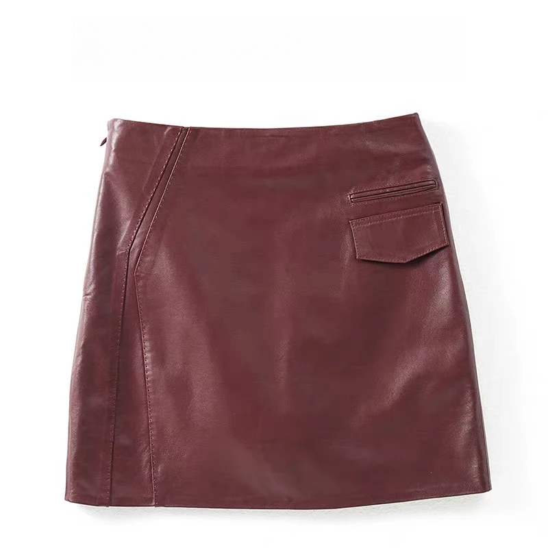 Mini jupe en cuir véritable pour femmes, haut de gamme, 100% peau de mouton, courte, Sexy, devant en forme de A, bordeaux