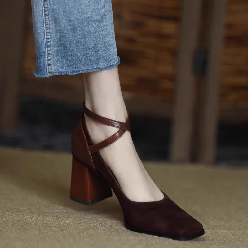 

New style women's high heels abrasive leather retro stitched square head chunky heel cross-buckle Mary Jane single shoes traf