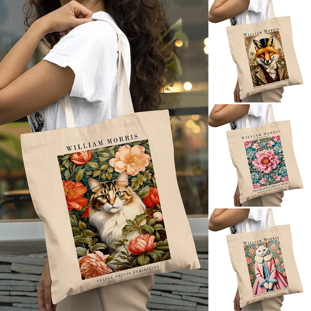 

Vintage William Morris Cat Lady Tote Bag Nouveau Prints Owl Fox Floral Shoulder Bag Lightweight Grocery Women Shopping Bag