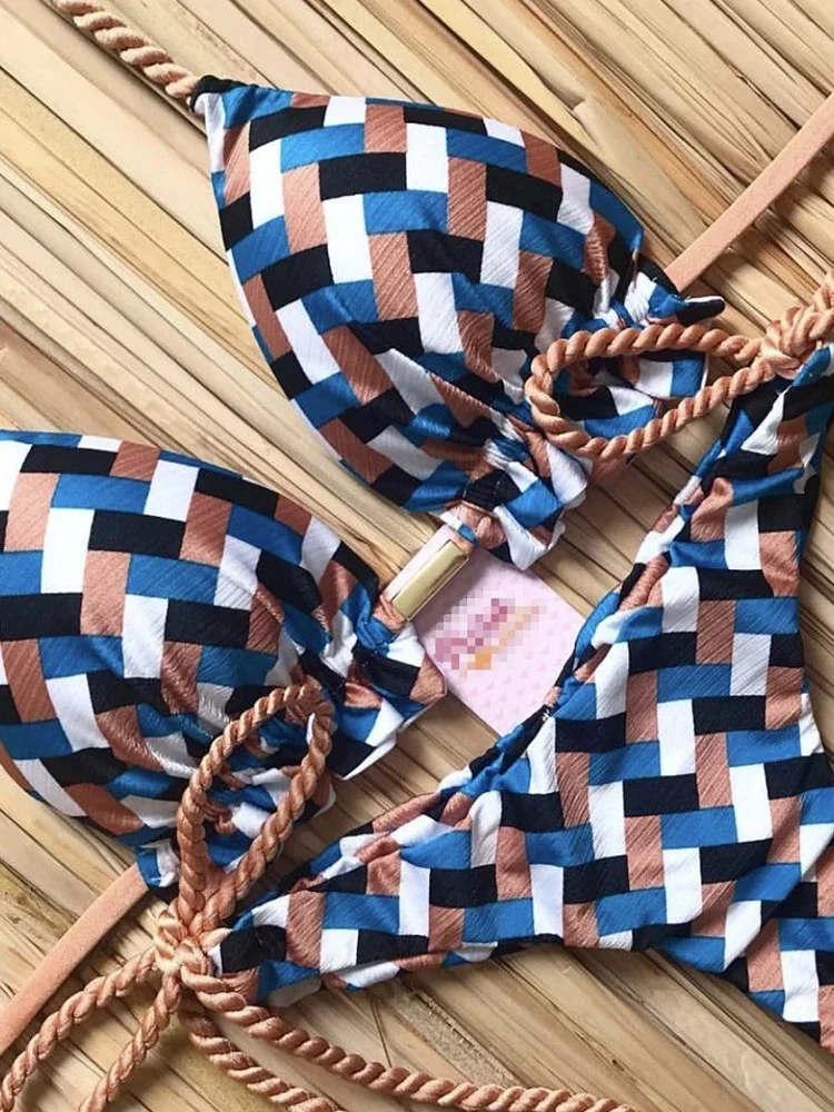 2025 مخطط مجموعة البكيني معقود ملابس السباحة النساء Biquinis الشاطئ مثير ثونغ ملابس السباحة ضمادة البرازيلي البيكينيات