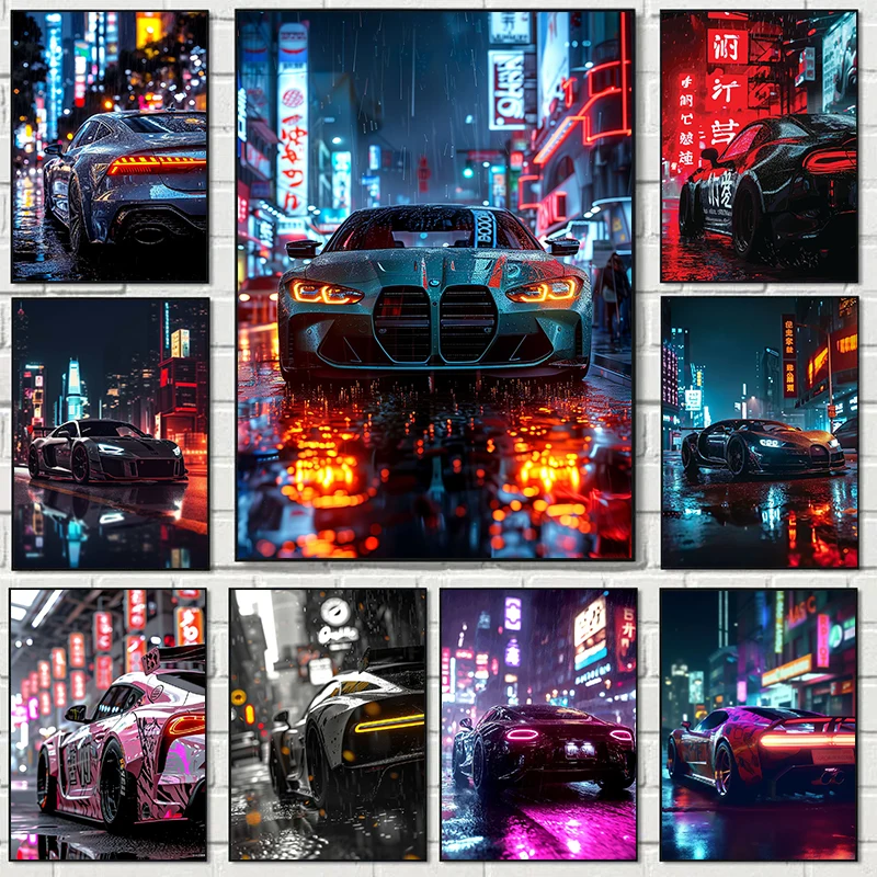 Luxury Cars Auto Show Cool Under The Neon Lights Series Poster Canvas Painting Wall Art Pictures Modern Decor Frameless Painting