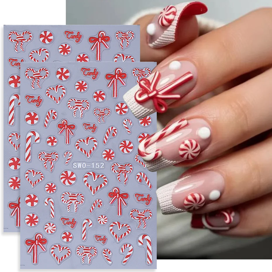 2 stücke Geprägte Nagel Aufkleber 3D Nette Bogen Cane Candy Liebe Herz Nagel Aufkleber Neue Jahr DIY Süße Maniküre Dekoration nagel Liefert
