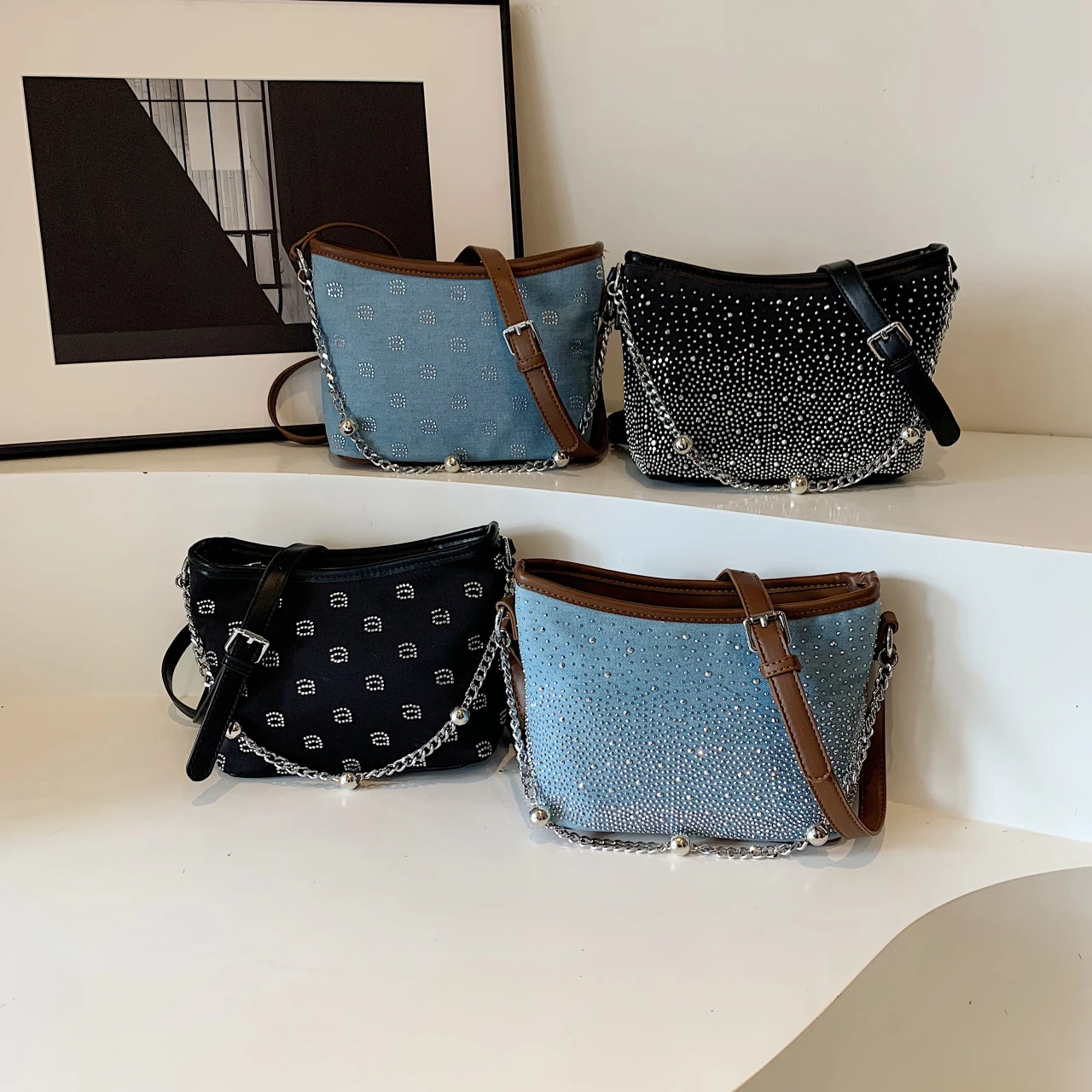 Bolso de mano de mezclilla para mujer, bolso de hombro con cadena de diseñador de lujo, bandolera remachada de marca de moda, bolso de mensajero de viaje informal para mujer