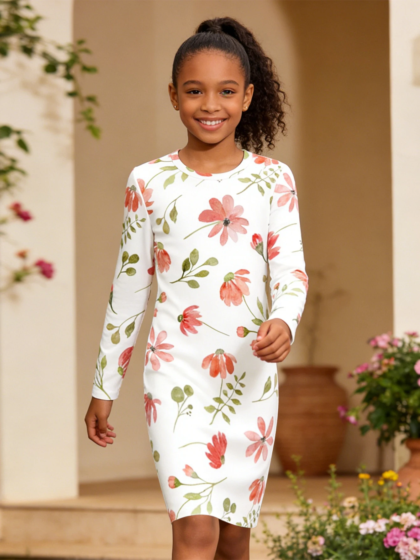 

2026 Girls Watercolor Red Pink Floral Long Sleeve Slim Fit Dress on White Background