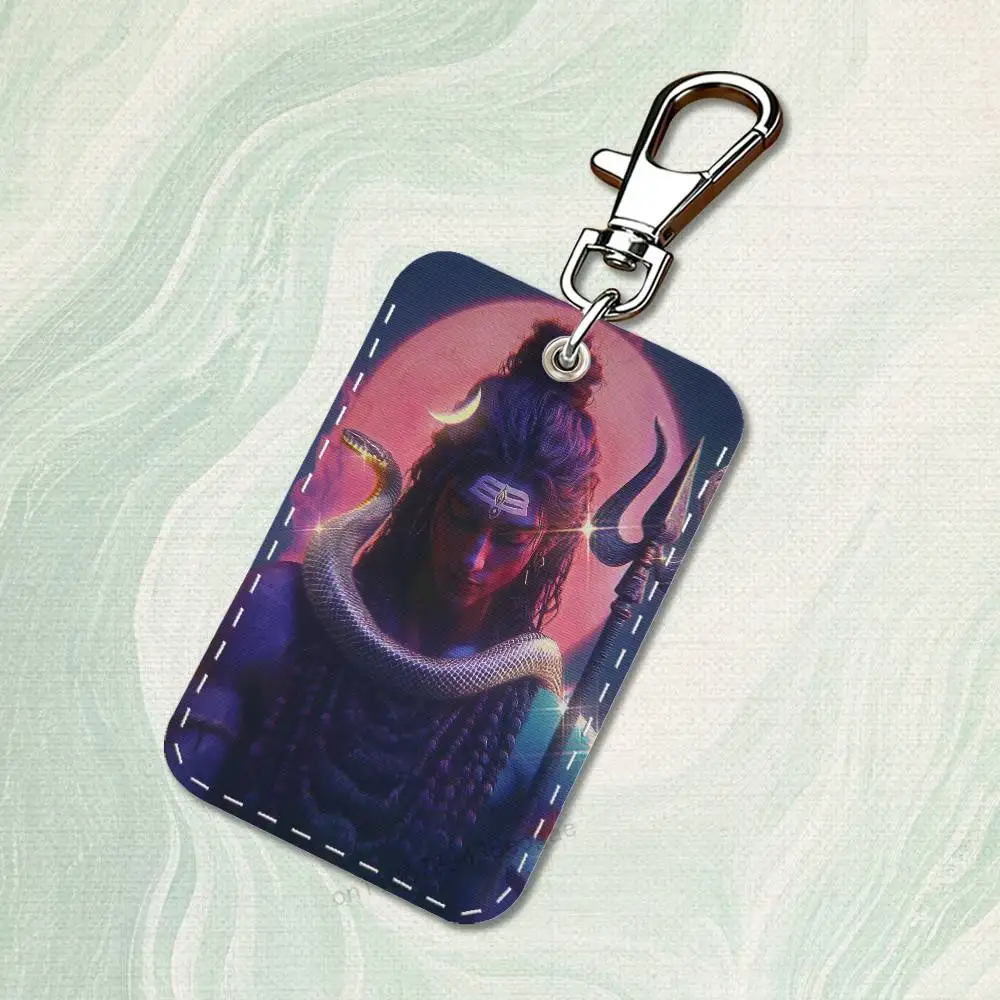 India Art Lord Shiva Rectangle Card Case Keychain Access Card Bag Key Tag Ring Leather Card Holder Key Ring Access