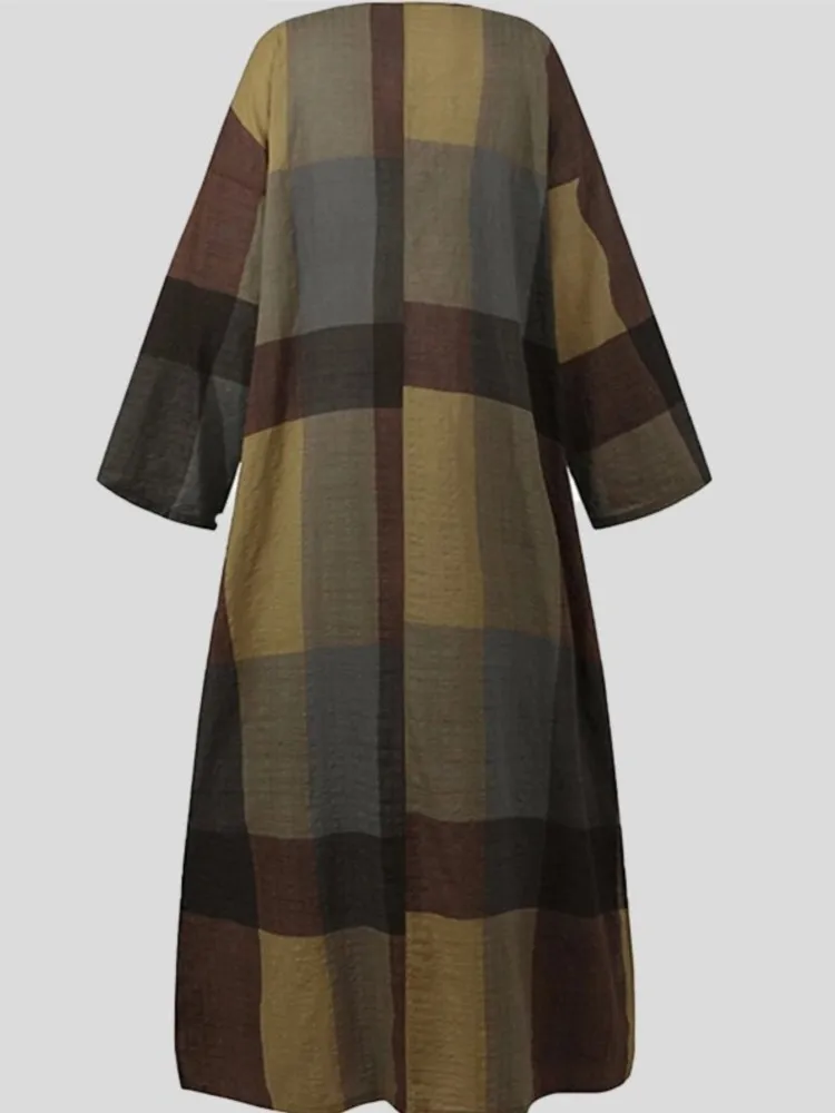 المرأة خمر القطن الكتان منقوشة طباعة قميص فستان طويل الخريف س الرقبة طويلة الأكمام عادية فضفاض عطلة فساتين الحفلات Vestidos #4