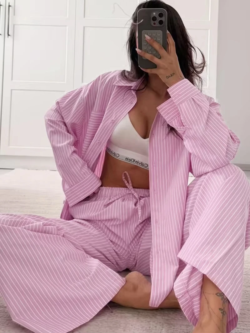 

Streetwear Striped 2 Piece Sets Women Outfits Autumn Clothes Women Long Sleeved Shirt Top Pants Sets Casual Tracksuits Woman Set