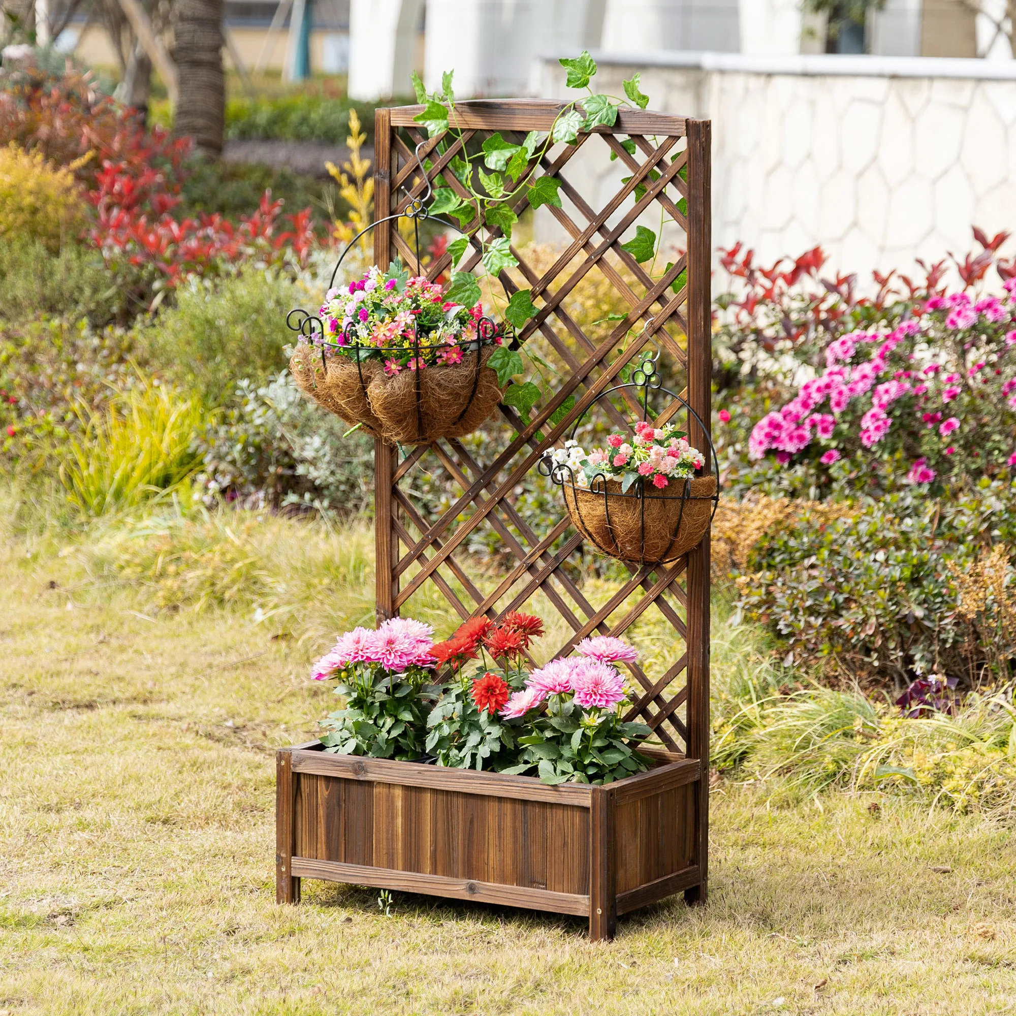 Outsunny Jardinera con Enrejado para Trepadora Cultivos Plantas 60x30x122,5 cm