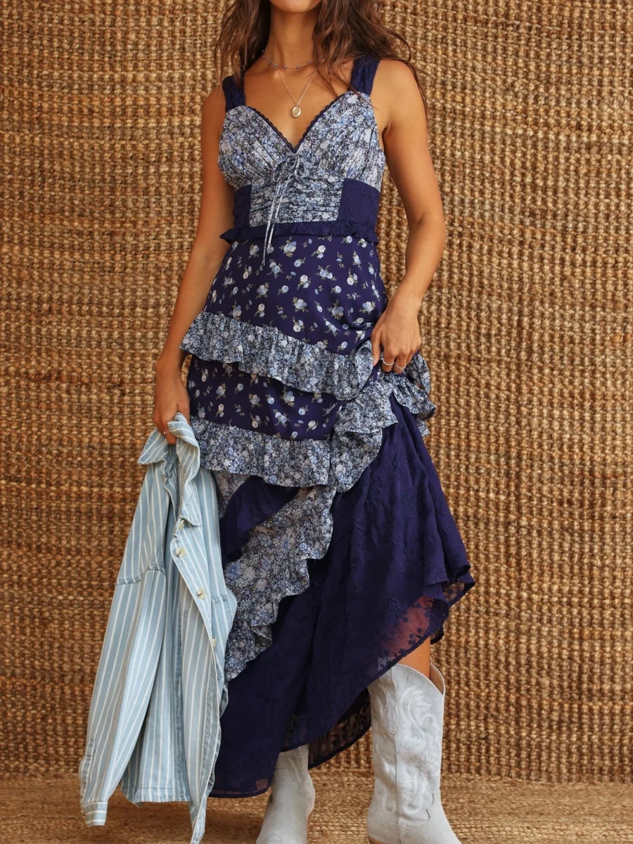 Women Y2k Floral Patchwork Dress Boho Ruffle Smocked Maxi Dress Sleeveless Flowy Summer Beach Sundress 90s 00s Vintage Clothes
