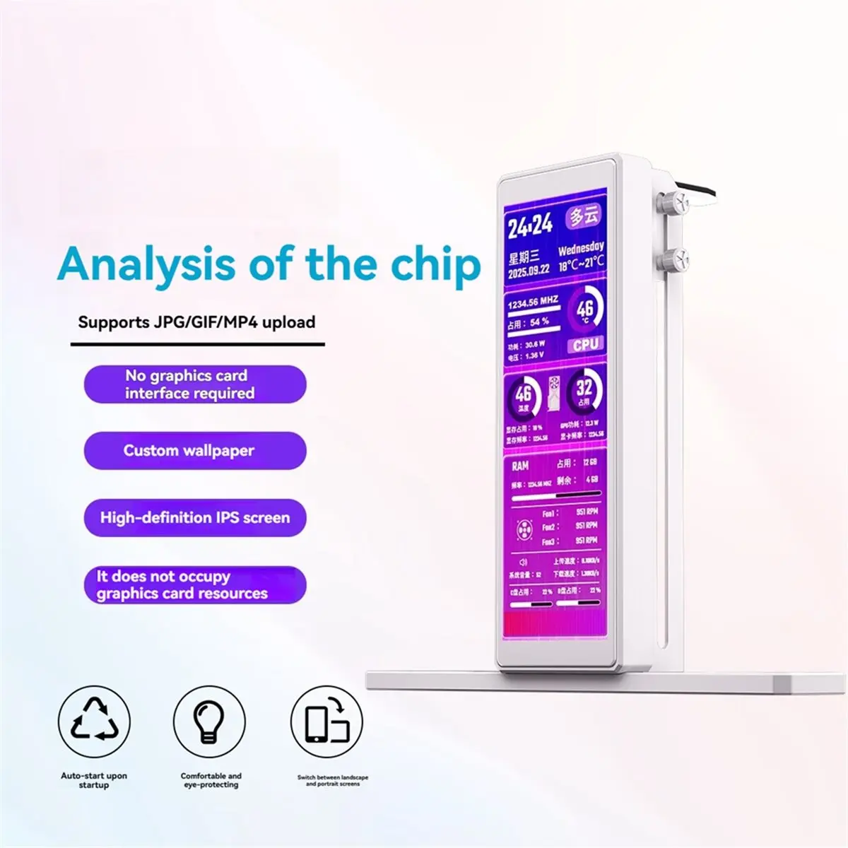 618 Mega Sale 4.58-Inch USB Secondary Screen IPS Computer Monitor for Chassis Temperature Fan Speed CPU GPU RAM Monitoring White