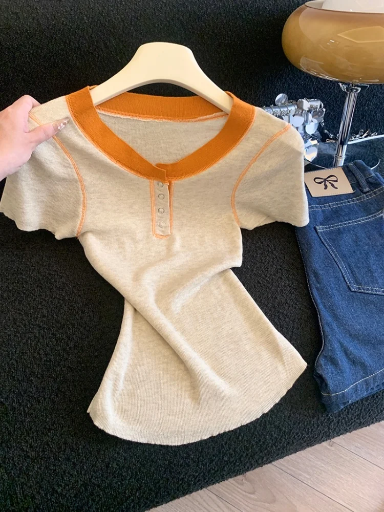 

Summer New Women's Knitted Short Sleeve round Neck Slim Fit Top Self Retention Color Block Soft Gentle Unique Korean Style
