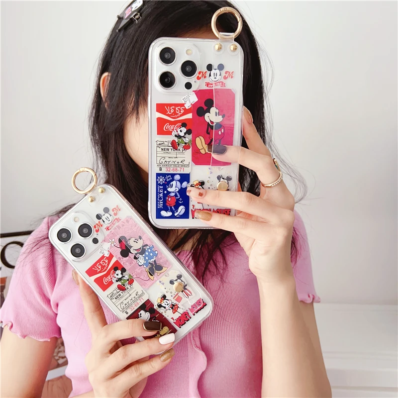 

Toy Wristband Holder New Disney Minnie Mickey Cute Story Case for IPhone 11 12 13 14 15 Pro Max Plus Phone Cover Shell Gift