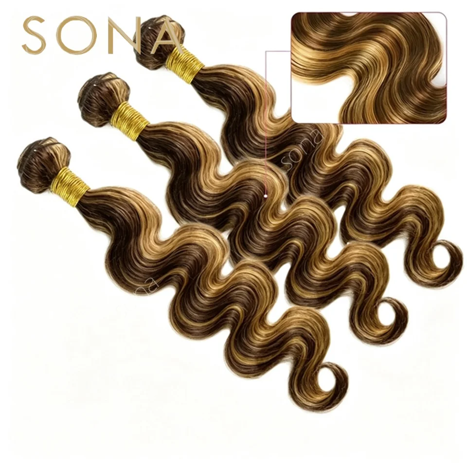 Piano Color P4/27 Brown Honey Blond Stripe Highlight Body wave Hair 1/3 Bundles with Closure Brazilian Human Hair