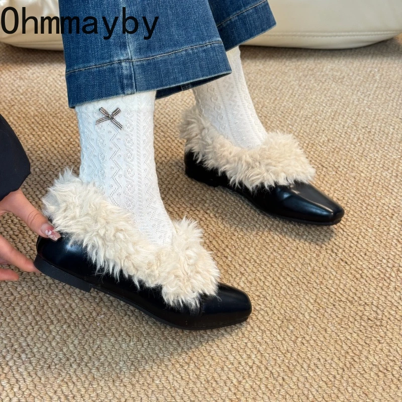 2026 Spring New Women Faux Fur Mary Jane Shoes Fashion Shallow Slip On Leather Shoes Female Elegant Low Heel Dress Pumps view 3