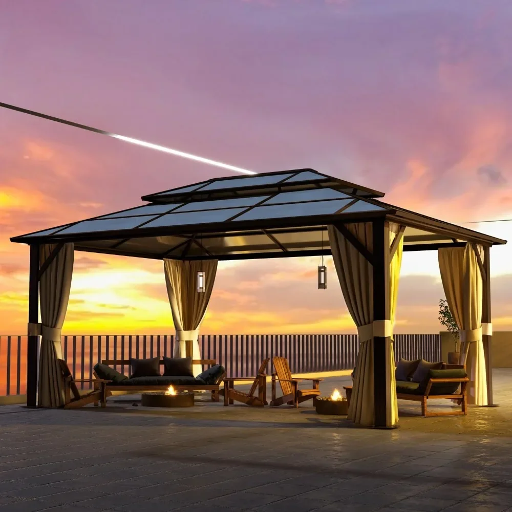 Gazebo con tetto rigido da 12'x16', tetto doppio da esterno in policarbonato, padiglione con struttura in alluminio con tende e rete, parasole