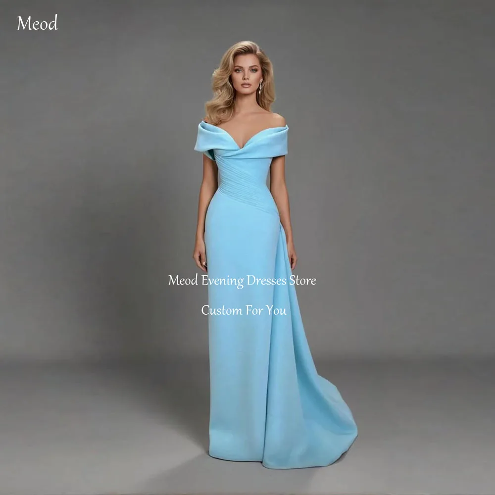 

MEOD Sky Blue V-neck Modern Women's Evening Gowns Vintage Satin Off The Shouler Dress Train Vestidos Elegantes Customized