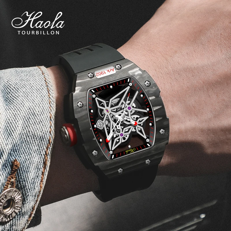 

Haofa Carbon Fiber Case Skeleton Automatic Mechanical Watch for Men Hollow Movement Sapphire Mens Watch montre homme luxe 1902