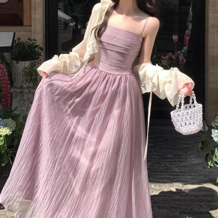 

Women Dress Spaghetti Strap Off Shoulder Backless Pleated Long Dress Solid Color Vintage Fairy Elegant Seaside 2024 Summer