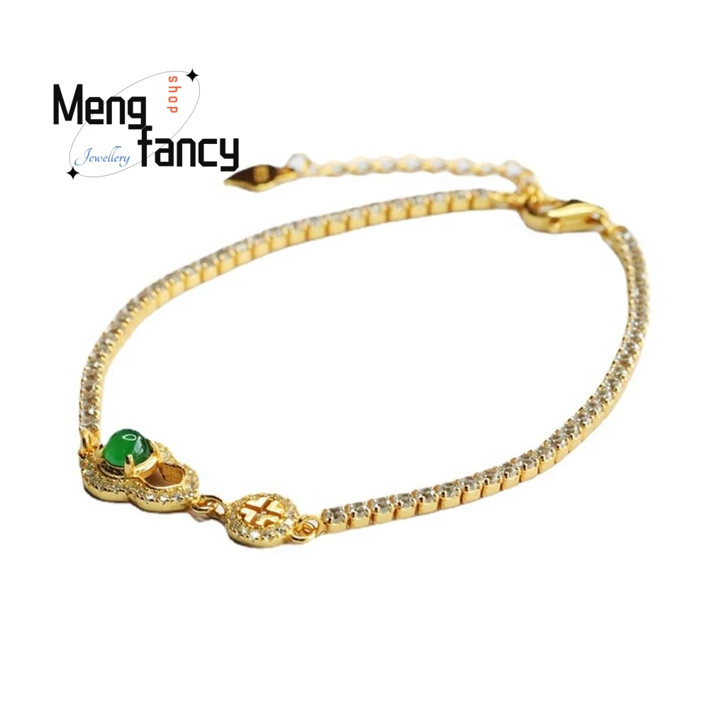 S925 Silver Inlaid Natural Jadeite Ice Type Imperial Green Gourd Bracelet Exquisite Elegant Simple High-grade Fashion Jewelry