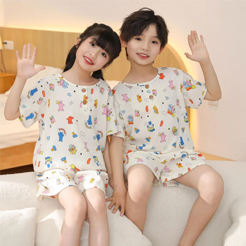 Children\'s Pajamas Homewear Set Girls Boys Summer Short-Sleeved Round Neck Pullover Comfortable Skin-Friendly Cute Homewear Set