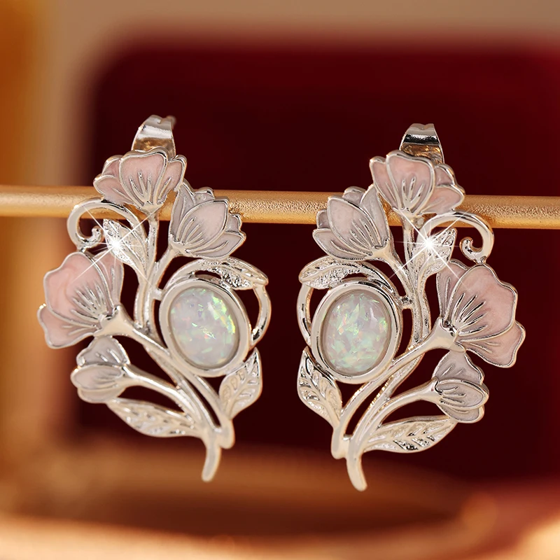 Vintage Luxury Drip Oil Floral Synthetic Opal Silvery Stud Earrings for Women Artistic Elegant Banquet Wedding Jewelry Accessory