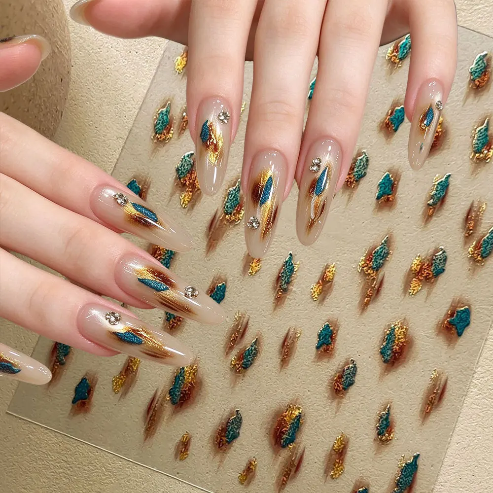 Double Layer Vintage Texture Nail Stickers 5D Embossed Teal Gold Amber Gradient Nail Decals Leaf Shape Nail Sliders DIY Manicure