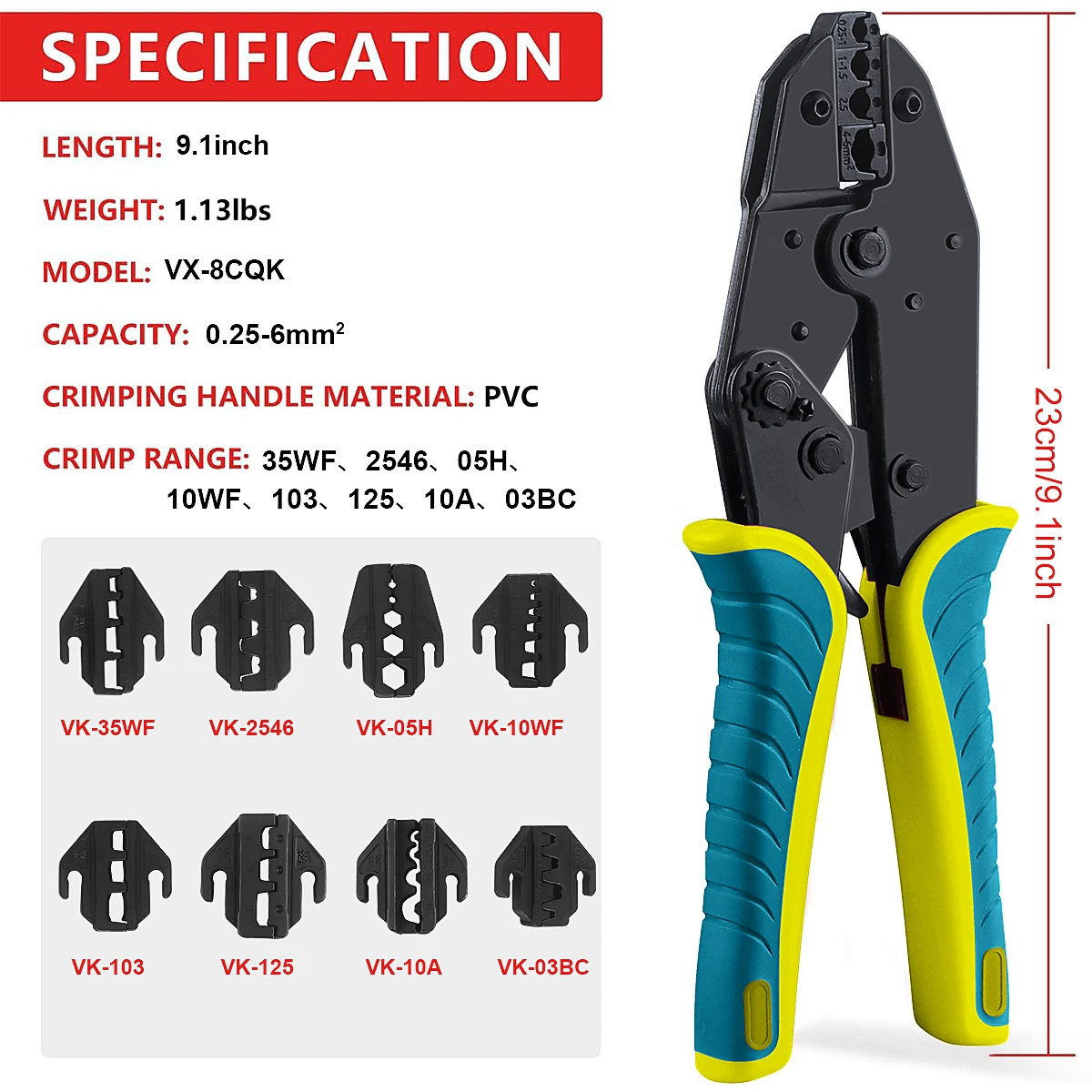 VK-40J Crimping Pliers Clamp Tools Cap/Tubular/coaxial Cable Terminals Kit 230mmMulti-Functional Crimping tool Hand Jaws Set