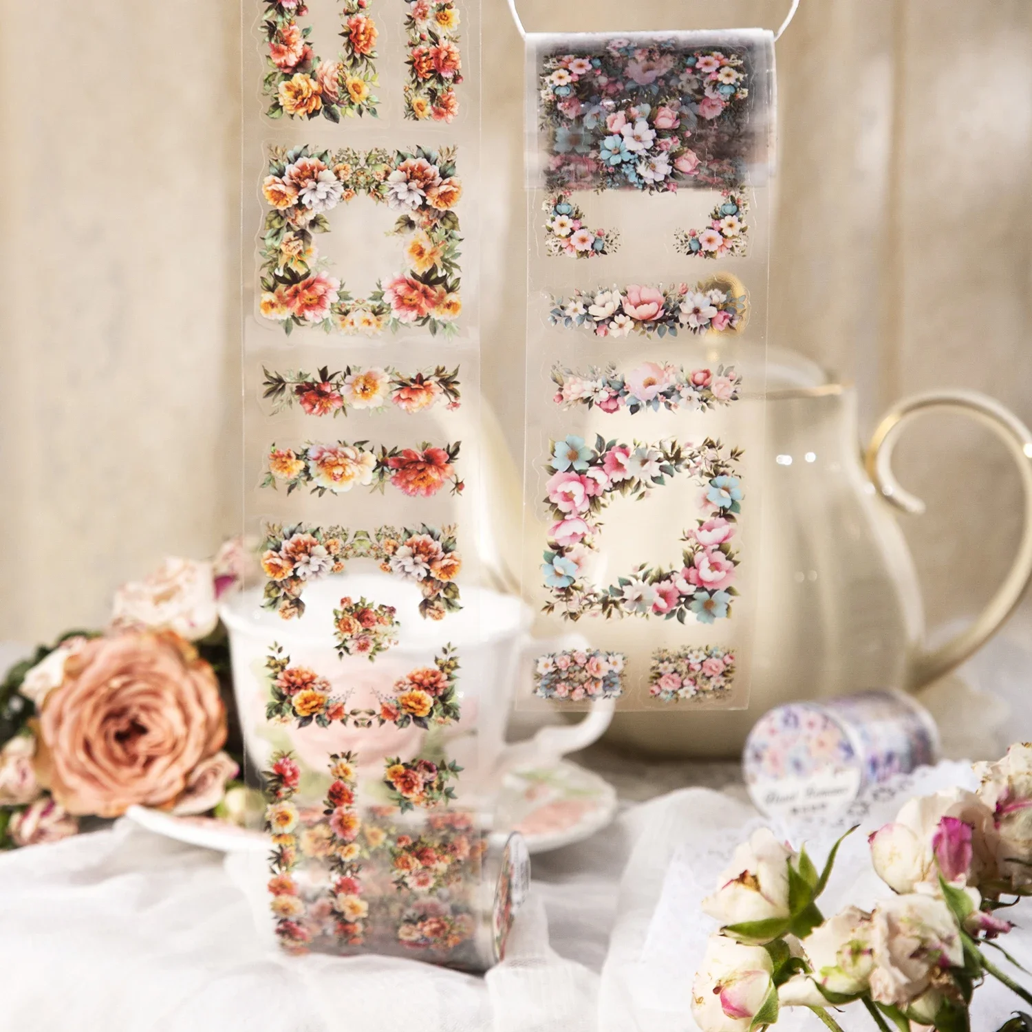 60mm*200cm Flower Romance Series Vintage Flower Border PET Tape Creative DIY Journal Material Collage Stationery