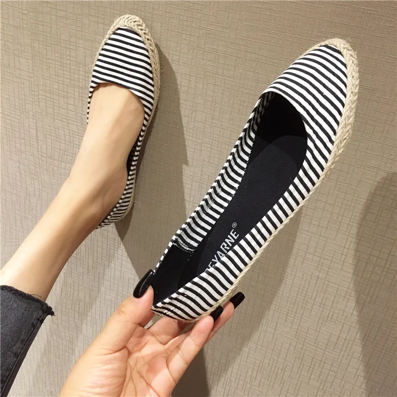 Breathable Cheap Shoes China Flats Black Pointed Toe Espadrilles Blue Women Slip On Hemp Large Size Striped Plain 2023 Casual