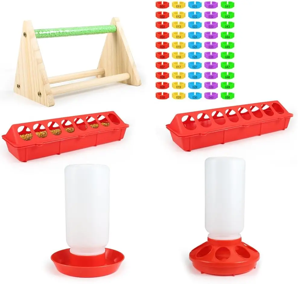 

6PCS Chick Feeder and Waterer Set with Perch, 2 Feeders & 50 Chicken Leg Bands Poultry Starter Kit for Baby Chicks, Ducks, Quail
