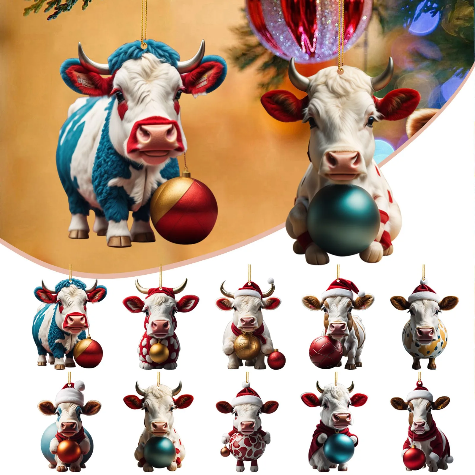 Cartoon Cow Christmas Tree Pendants Gift Xmas Decoration Hanging Ornament Acrylic Flat For Home New Year 2024 Navidad Pendant