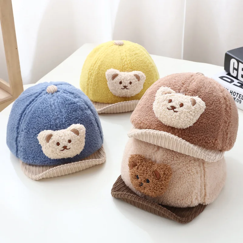 Autumn Winter Boy Girl Baby Baseball Caps New Korean Version Cap Cartoon Bear Thick Warm Kids Toddler Hip Hop Tide Hat 6-24M