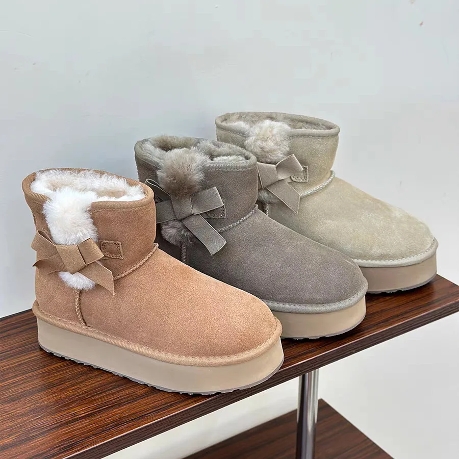 

Новинка 2023 года, зимние ботинки с боковым бантом и переливом на толстой подошве, зимние утолщенные теплые нескользящие короткие хлопковые ботинки из овчины на меху