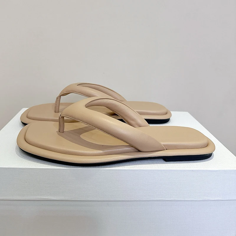 New 2025 Women Pinch Toe Solid Color Slides Genuine Leather Flip flops Summer Outdoor Vacation Beach Slippers Swimming Shoes