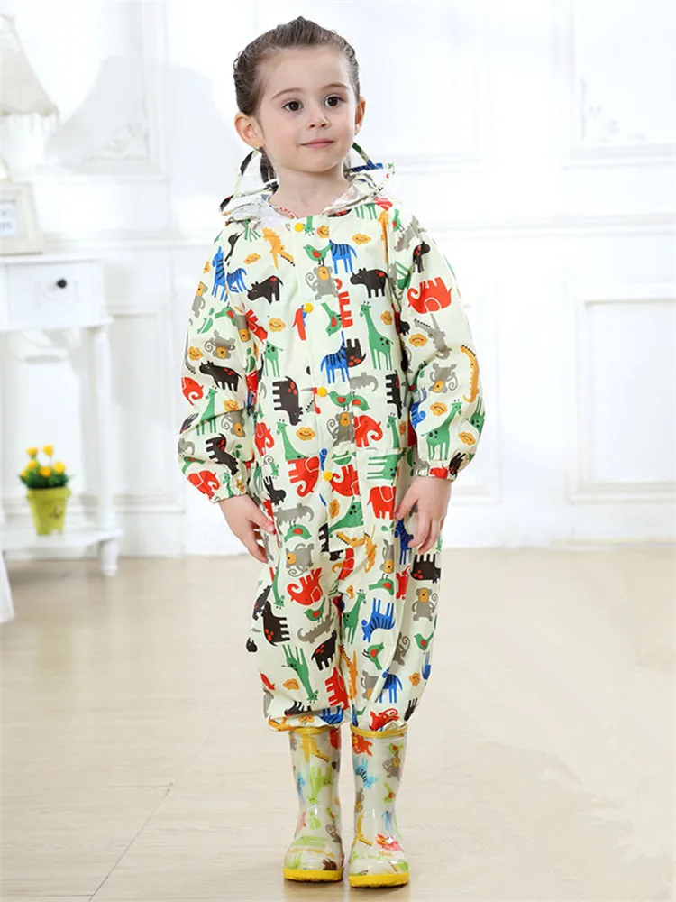 

75-135CM Conjoined Print Waterproof Raincoat Kids Baby Children's Rain Coat Boys Girls Siamese Raingear Playing Suit