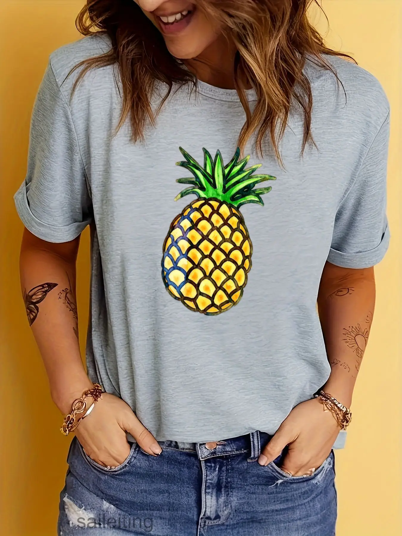 Pineapple Graphic T-Shirt Women Men Summer Casual Short Sleeve Tee Breathable Soft Cartoon Fruit Top for Beach Vacation Party