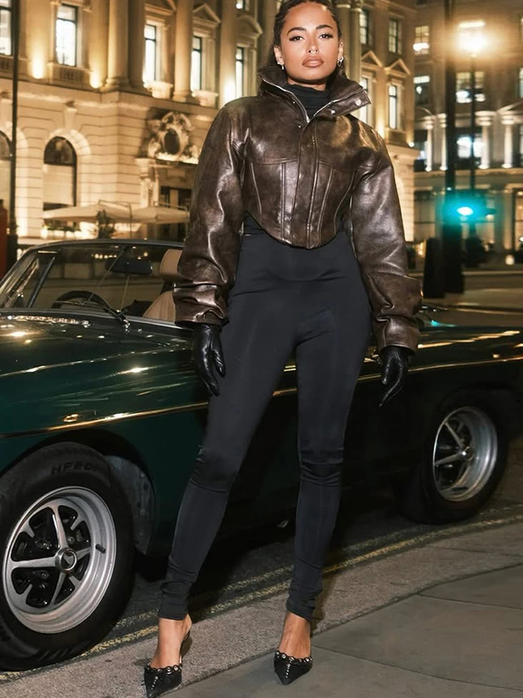 

Kliou High Street PU Jacket Woman Zip Button Turtleneck Full Sleeve Navel Exposed Hot Girls Motorcycle Style Classic Clothing