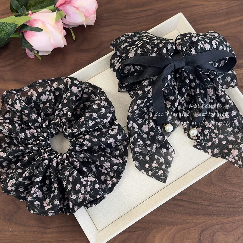 

Hair Claw Floral Print Vintage French Bow Ribbon Long Tail Low Ponytail Back Head Updo Holder Resin Elegant Daily Accessory