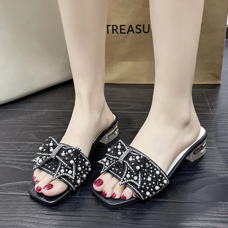 Summer Slippers Women Wear 2024 Spring New All-match Pearl Bow Open-toe Chunky Heel Fairy Sandals