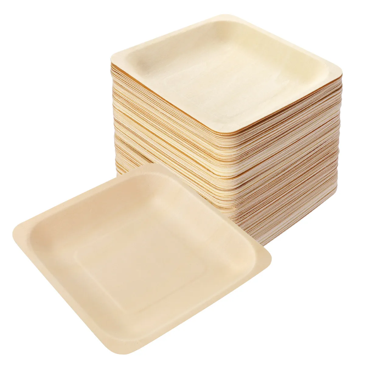 100Pcs Square Disposable Wooden Plate Set 14Cm Diameter Natural Wood Eco Friendly Tableware for Wedding Birthday Party Event