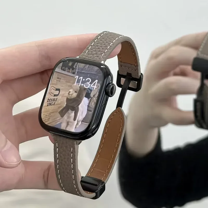 Faltbares Schlankes Leder-Magnetarmband für Apple Watch 11 10 42/46mm SE 44 40mm 9 8 7 41 45mm Armband 6 5 4 für iWatch 38mm