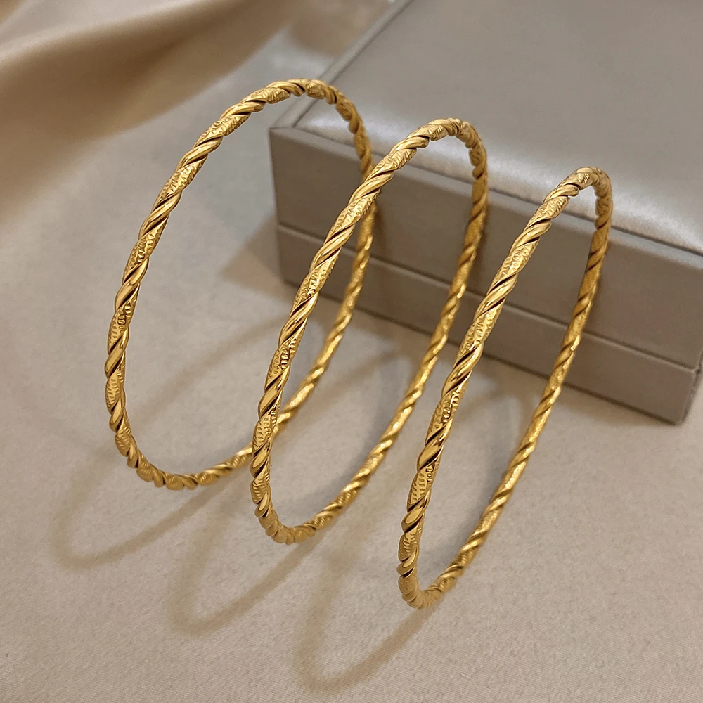 Freetry بسيط مكدسة الجولة الفولاذ المقاوم للصدأ الإسورة سوار المرأة الرجعية الذهب اللون الكفة رقيقة سوار مقاوم للماء اليد مجوهرات #5