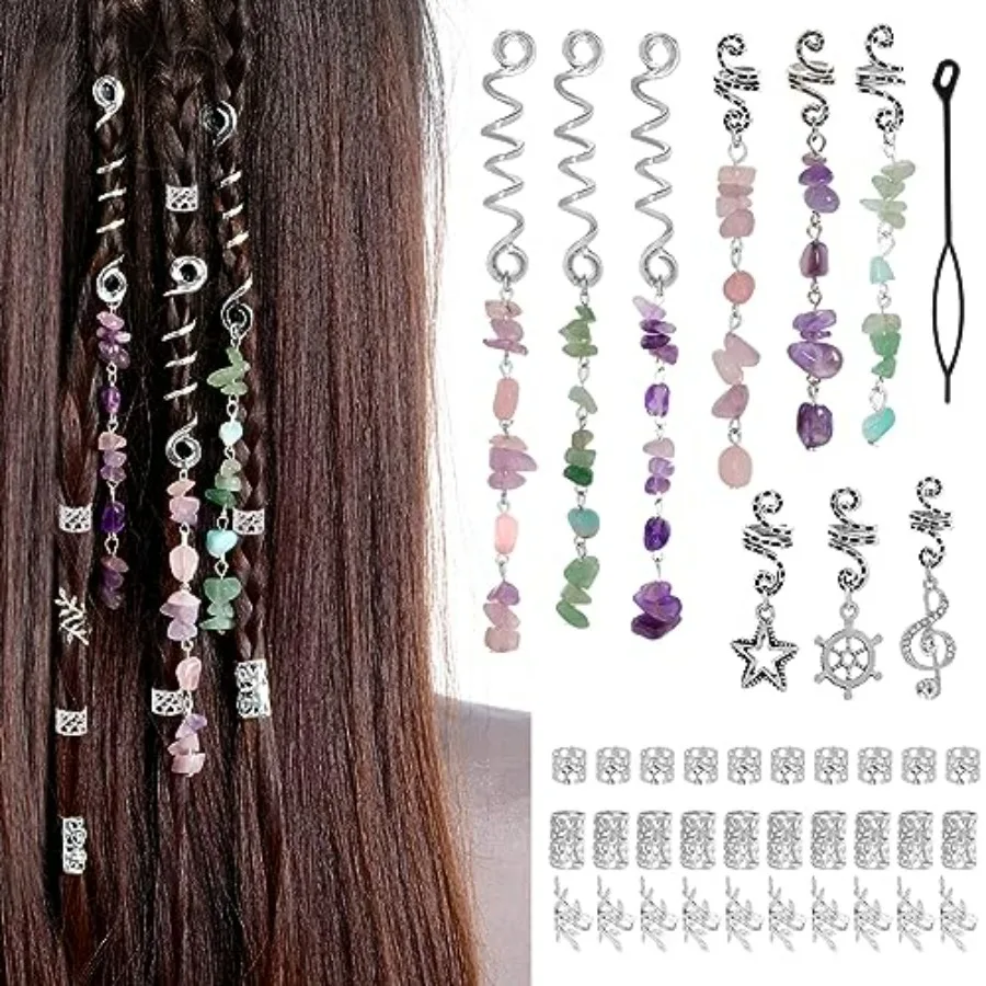 

40Pcs Natural Colored Crystal Stone Hair Accessories, Metal Hair Charms, Loc Dreadlock Spirals, Cuffs and Rings for Women's Hai