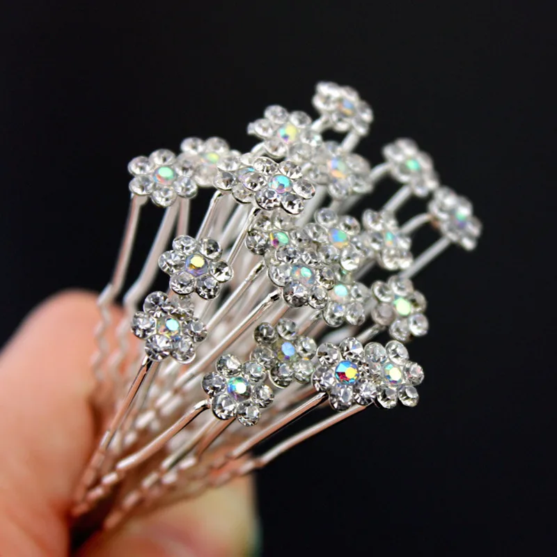 20pcs Crystal Flower Bridal Headwear Rhinestone Hair Pins Hair Barrettes U-Shape Hair Clips Bridal Wedding Women Hair Jewelry