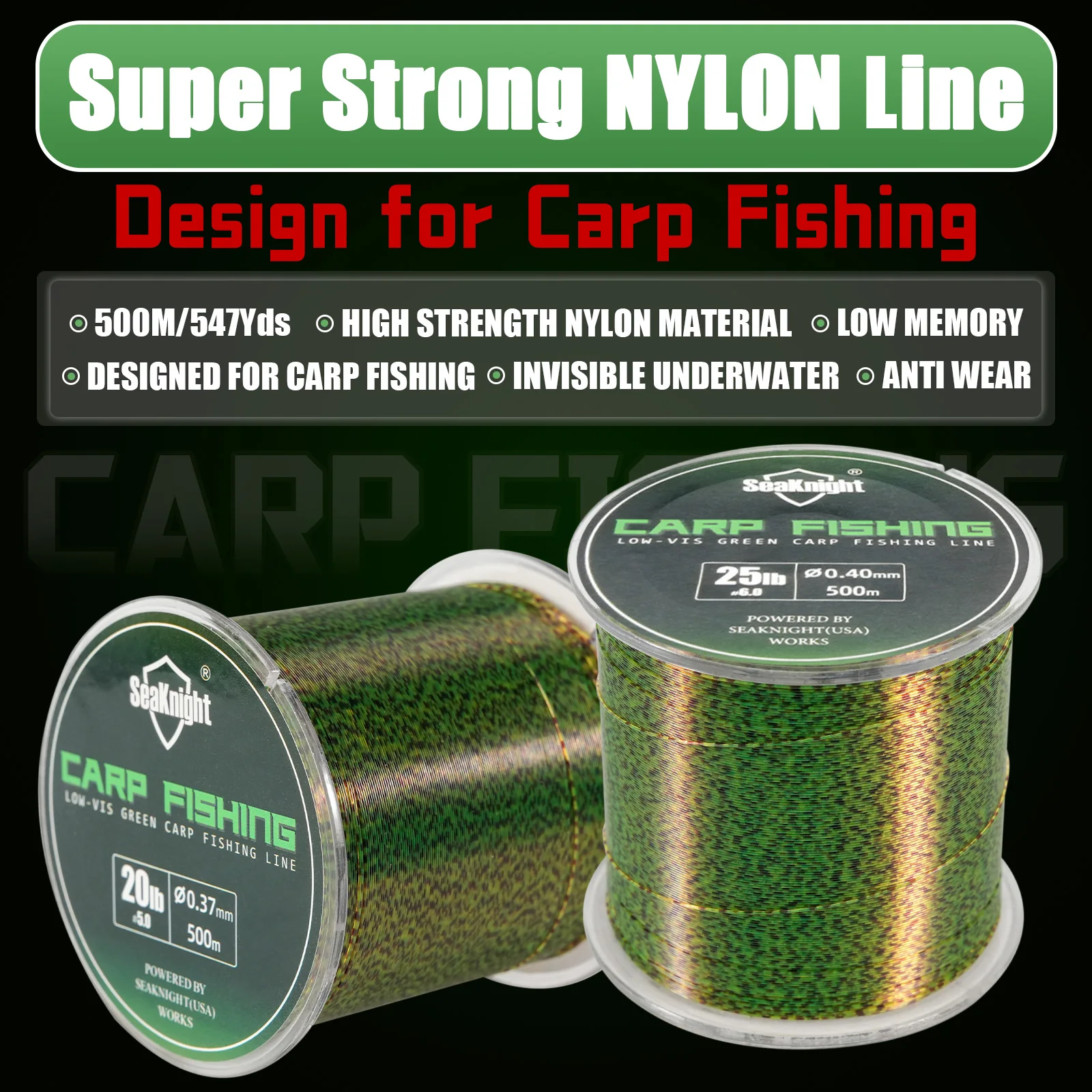 SeaKnight Marken-Nylon-Angelschnur 500M Verschleißfest Glatt & Stark Speziell für Karpfenangeln Entworfen 10-25LB UNSICHTBAR UNTERWASSER