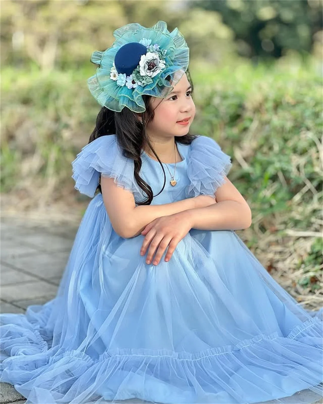 Sukienki dla dziewczynek na wesele, na przyjęcie, z tiulu, proste, warstwowe, z dzwonkowymi rękawami, w kształcie litery A, długie, na urodziny, spotkanie rodzinne, suknia wieczorowa.