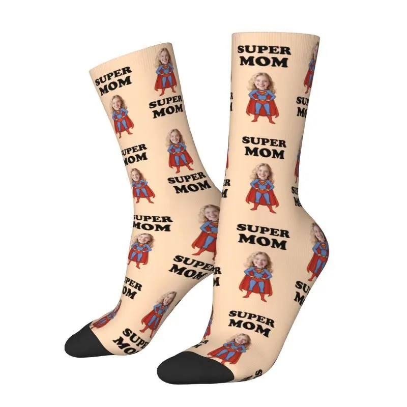 Super Mom Custom Mens Crew Socks Unisex Fun Personalized Face Photo Print Spring Summer Autumn Winter Dress Socks