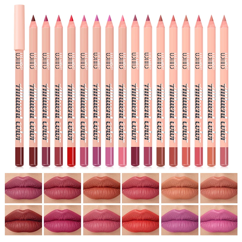 USHAS Lápiz labial de madera de 16 colores: acabado natural, duradero, a prueba de manchas, cremoso y preciso