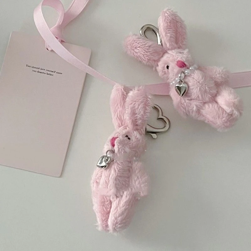 Porte-clés lapin rose en peluche, Mini poupée en peluche, pendentif en forme de cœur d'amour, accessoires pour sac à dos